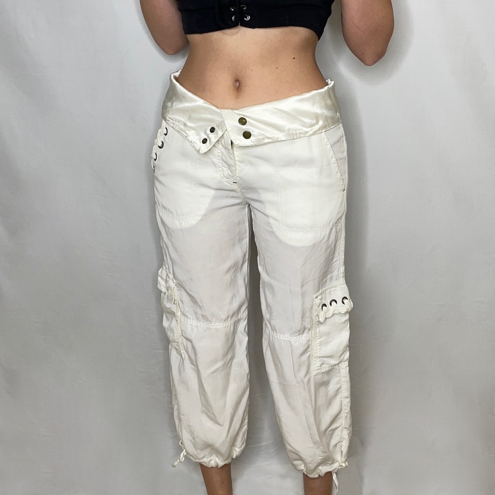 Vintage Bebe white cargo pants w/ fold over satin waistband and lace up details